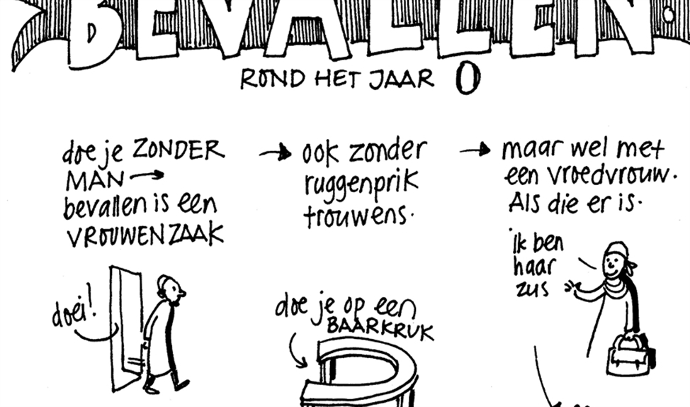 Willeke Brouwer tekende voor de Graphic Novel Bijbel een hele pagina over bevallen. ‘De man mocht daar niet bij zijn.’ (royal jongbloed)