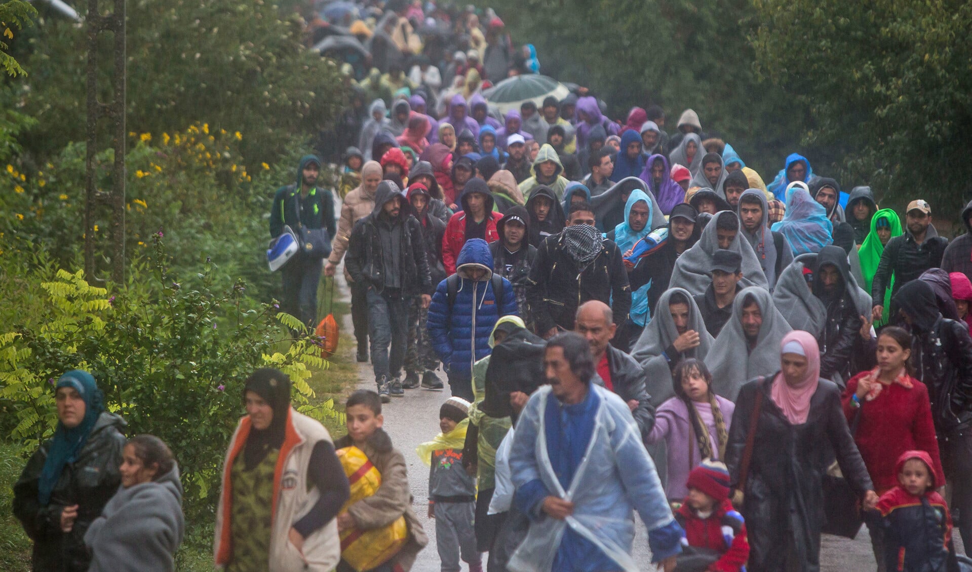 In september 2015 trok een stroom van migranten door Midden-Europa. Deze foto is gemaakt in Hongarije, waar vluchtelingen van het station Hegyeshalom richting de Oostenrijkse grens lopen.