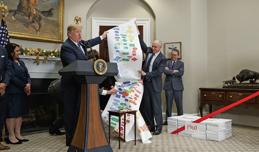 President Trump houdt een lijst omhoog met regelgeving over snelwegen, tijdens een bijeenkomst over het inperken van overbodige regels en wetten. (ap / Evan Vucci)