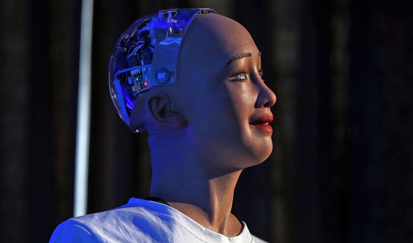 De robot Sophia, voorzien van kunstmatige intelligentie, zoals die in maart 2018 werd gepresenteerd op een conferentie in Kathmandu, Nepal.