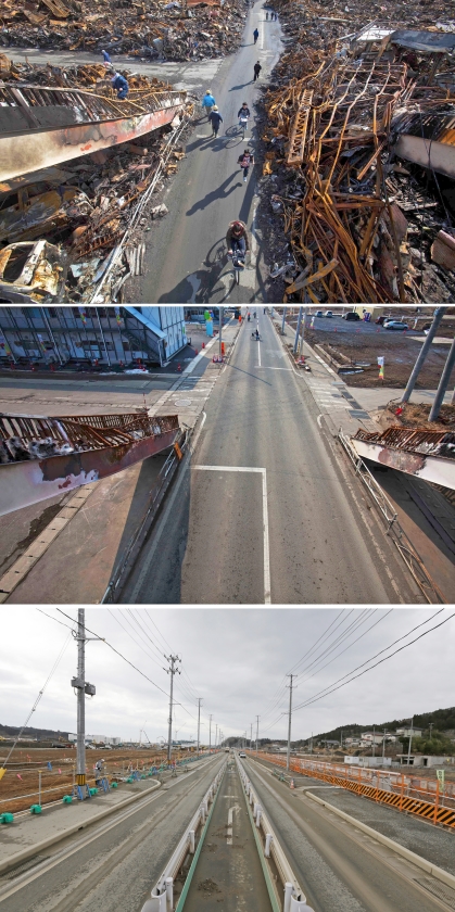 Een weg in Kesennuma, zes dagen na de tsunami (boven), bijna een jaar na de ramp (midden) en afgelopen maandag (onder). (kyodo en ap / David Guttenfelder, Eugene Hoshiko)
