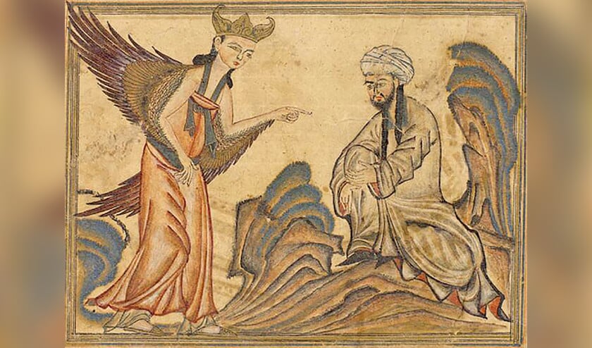 Mohammed ontvangt de openbaringen van Allah door de engel Gabriël, schildering door Rashid-al-Din Hamadani, 1307. (wikipedia)