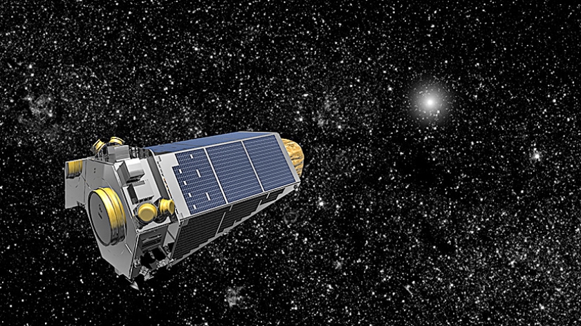 Artistieke weergave van de Kepler-telescoop op ruimtereis. De planetenjager is al ruim zeven jaar onderweg. (NASA)