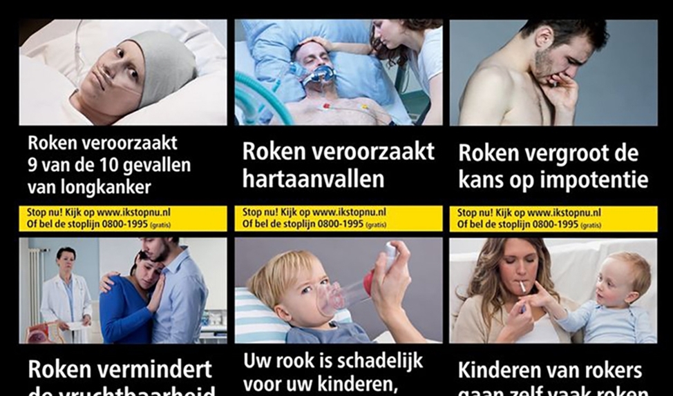 Een paar voorbeelden van narrative fear appeals op pakjes sigaretten. Gezondheidswaarschuwingen met mini-verhalen werken minder goed bij verslavingsgedrag. (nd en Luuk Steemers)