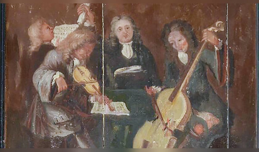 ???In het Duitse Golzwarden (Nedersaksen) is een tafereel gevonden waarop Arp Schnitger (tweede van rechts) is te zien. Het is het eerste portret van de beroemde orgelbouwer (arp schnitger gesellschaft / Beate Ulich)