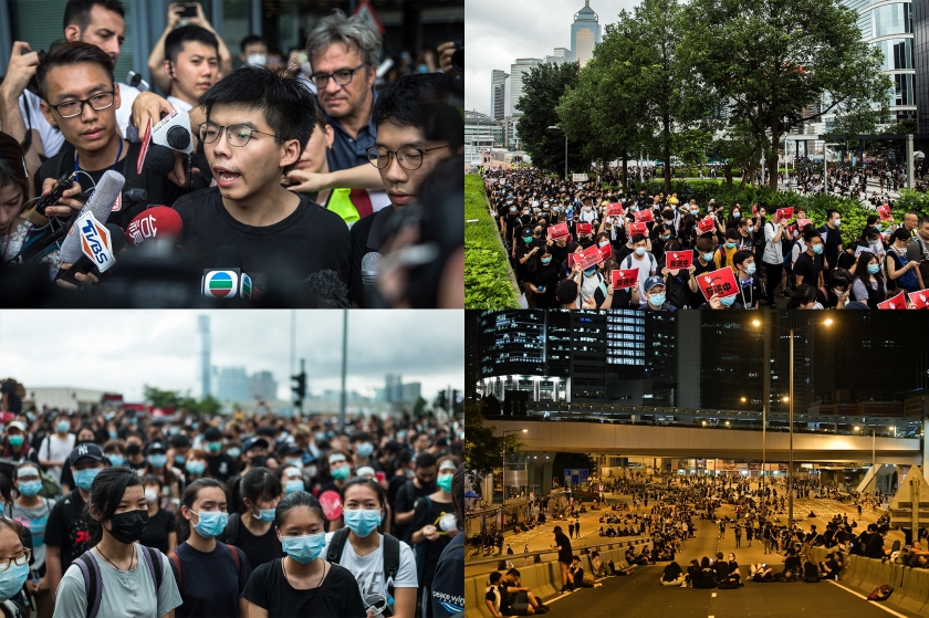 Zo massaal waren de protesten ook maandag weer: dit is niet maar een groot protest van veel inwoners van Hongkong. Dit is Hongkong dat in verzet komt. (van linksboven met de klok mee epa / Roman Pilipey, afp / Isaac Lawrence, Anthony Wallace, epa / Jerome Favre)