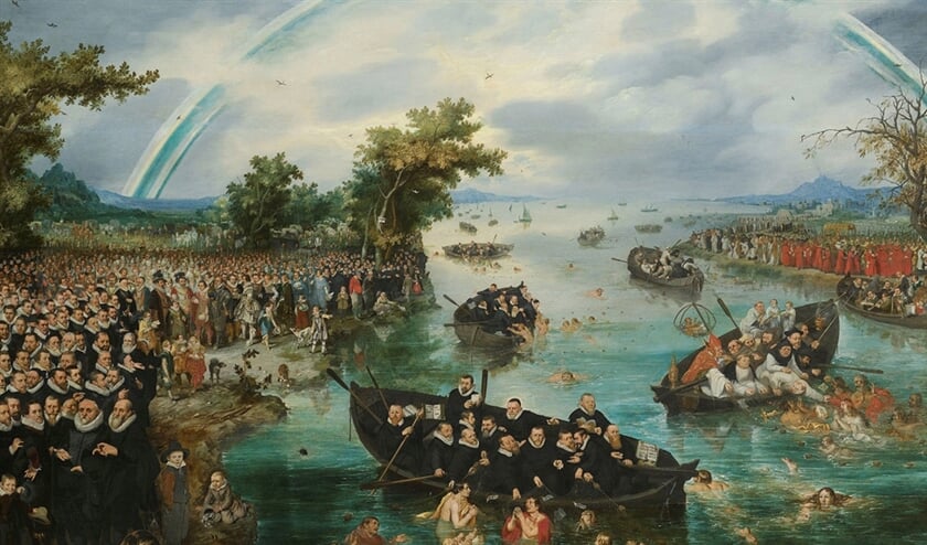 De zielenvisserij, een schilderij van Adriaen van de Venne uit 1614. Het verbeeldt de strijd tussen de protestanten (links) en de katholieken, die op de rivier naar zielen vissen. (rijksmuseum)