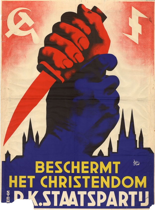 ‘“Wat een heftige poster!”, kreeg ik als reactie toen ik dit affiche van de rooms-katholieke RKSP liet zien. Dat is ook zo