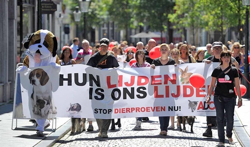 Een demonstratie tegen dierproeven. Het beleid in Nederland is gericht op zo min mogelijk pijn, lijden en stress voor zo min mogelijk proefdieren. (anp / Marcel van Hoorn)