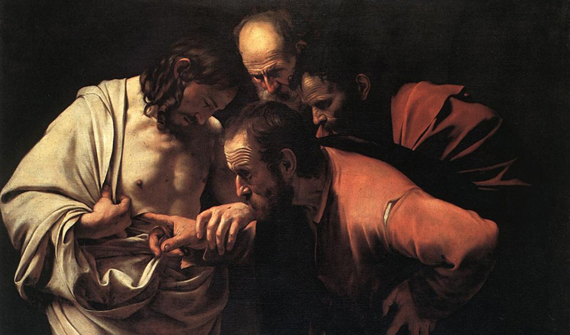 Het schilderij ‘De ongelovige Thomas’ van de even beroemde als beruchte Italiaanse schilder Caravaggio (1571-1610)