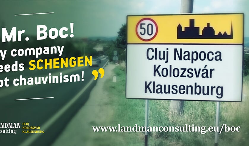 Een reclamebord met de door de rechter toegekende plaatsnaam ‘Cluj-Napoca Kolozsvar’ werd snel verwijderd nadat de Roemeense pers erover had bericht. (Gabor Landman)