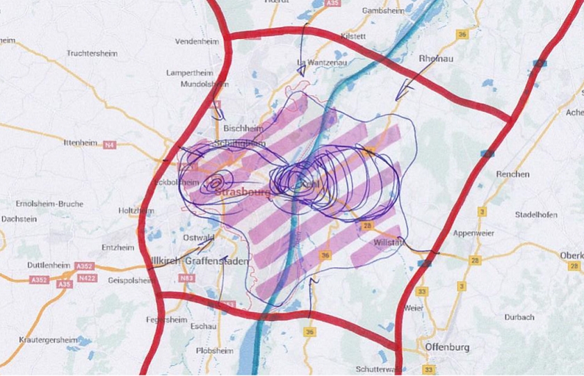 De nieuwe hoofdstad van Europa, ingetekend op de kaart met links Straatsburg en rechts de Duitse Rijnoever. (Cornelis de Jong)