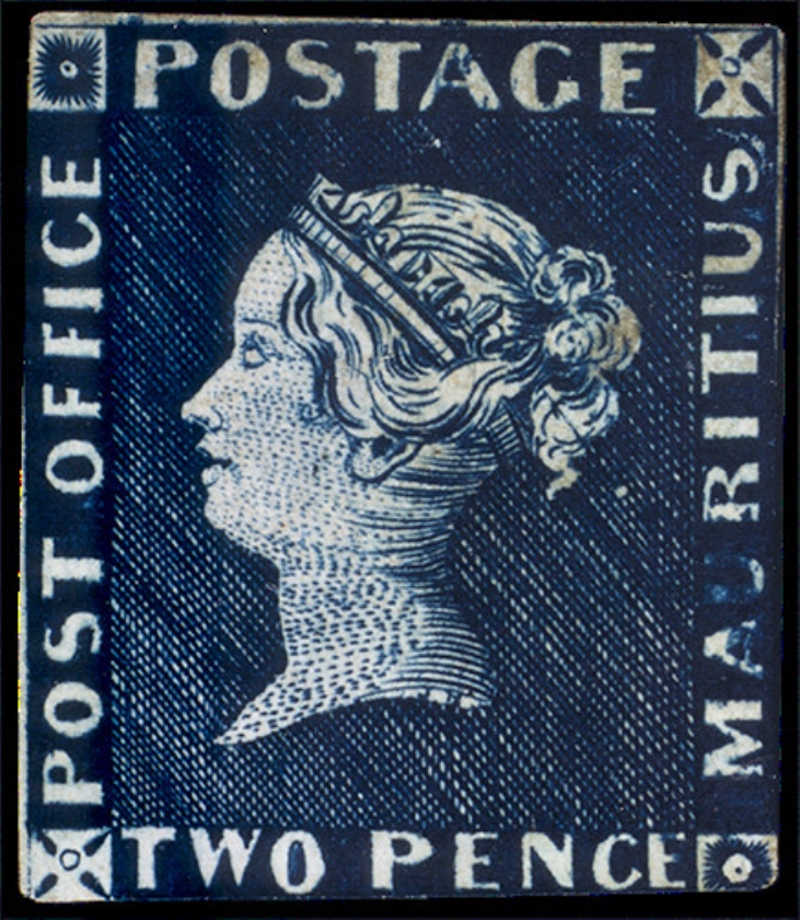 Van de Blauwe Mauritius (1847) zijn er wereldwijd vier ongebruikte exemplaren. Een werd geveild voor 1,2 miljoen euro. De vrouw van de gouverneur in Mauritius liet de zegel maken voor de invitatie voor een gekostumeerd bal. (nd)