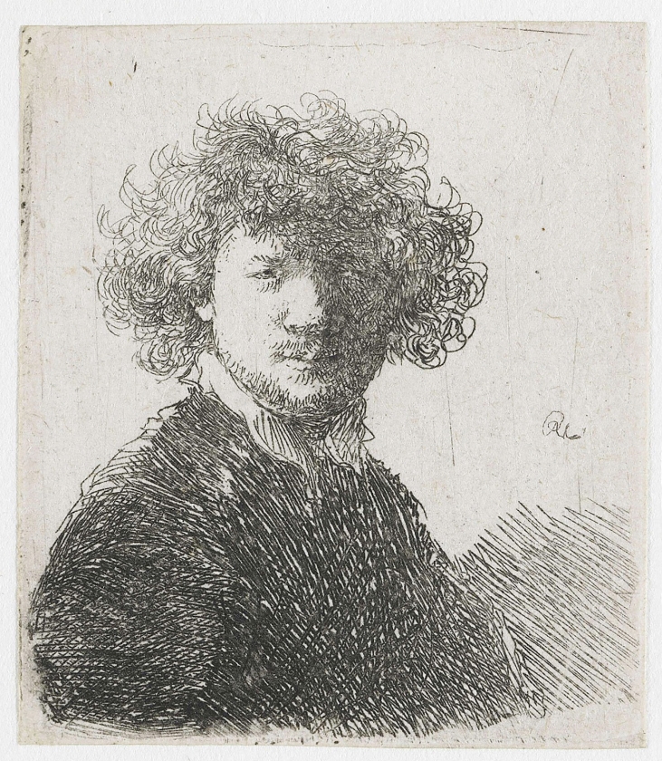 Zelfportret met krullend haar en witte kraag, ets, Rembrandt Harmensz. van Rijn. (rijksmuseum)