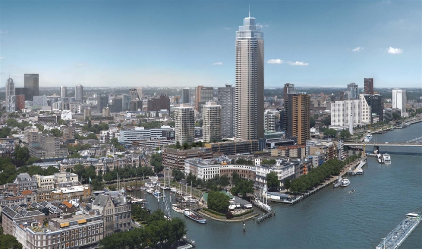 Een impressie van de Zalmhaventoren. De toren aan de voet van de Erasmusbrug wordt 215 meter hoog en wordt in 2022 opgeleverd.  (dam & partners architecten)