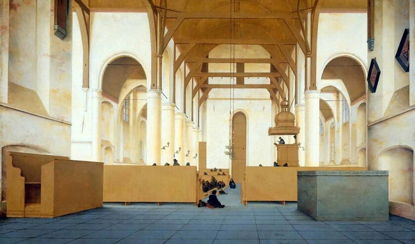 De protestantse kerken op de schilderijen van Saenredam zijn leeg. Wat een weldaad. Dit schilderij uit 1649 van de Sint-Odulphuskerk in Assendelft hangt in het Rijksmuseum in Amsterdam. (rijksmuseum amsterdam)