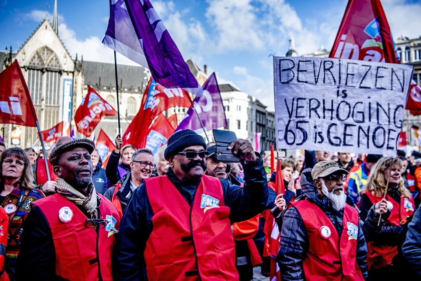 Stakers demonstreerden vorige maand op de Dam tijdens de landelijke actiedag voor een goed pensioen. (anp / Robin Utrecht)