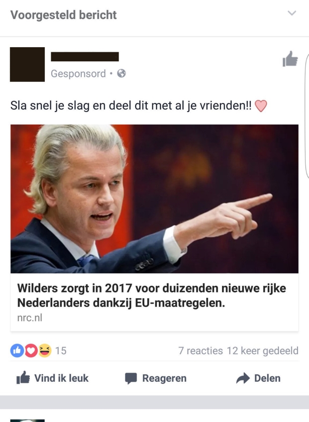 Nepnieuws dat via Facebook wordt verspreid uit naam van nieuwssites, in dit geval NRC Handelsblad. (facebook)