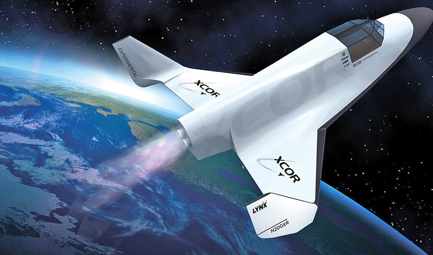 Impressie van het tweepersoons Lynx-raketvliegtuig waarmee het nu failliete XCOR ruimtetoerismevluchten buiten de dampkring wilde maken.