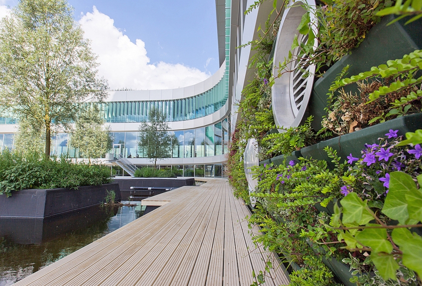 Niet alleen de buitenkant van het stadskantoor in Venlo is bedekt met planten, ook binnen in het kantoor zijn veel groene wanden toegepast. De planten reguleren de temperatuur en zorgen voor een goed binnenklimaat. De lucht die er naar buiten gaat, is zelfs zuiverder dan de lucht die eerst naar binnen wordt gehaald. (c2cvenlo)
