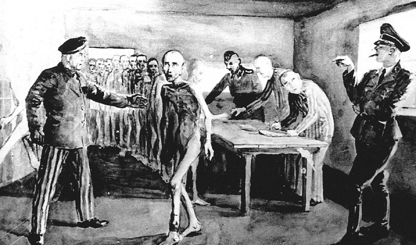 Ouderen, zieken en zwakken die door SS-arts Josef Mengele vanuit het concentratiekamp Auschwitz naar de gaskamer worden gestuurd. (anp)