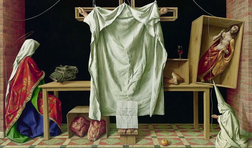 Michael Triegel, Deus absconditus, 2013, gemengde techniek op doek, 160 x 260 cm, collectie Harms Rolde. (museum de fundatie)