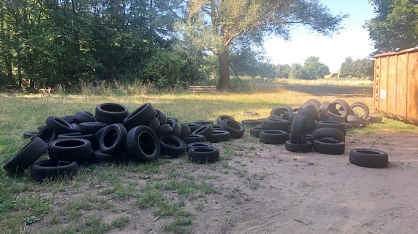 Zo’n 120 autobanden werden gedumpt in een bosperceel in de buurtschap Voorst, tot grote ergernis van Staatsbosbeheer. (omroep gelderland)