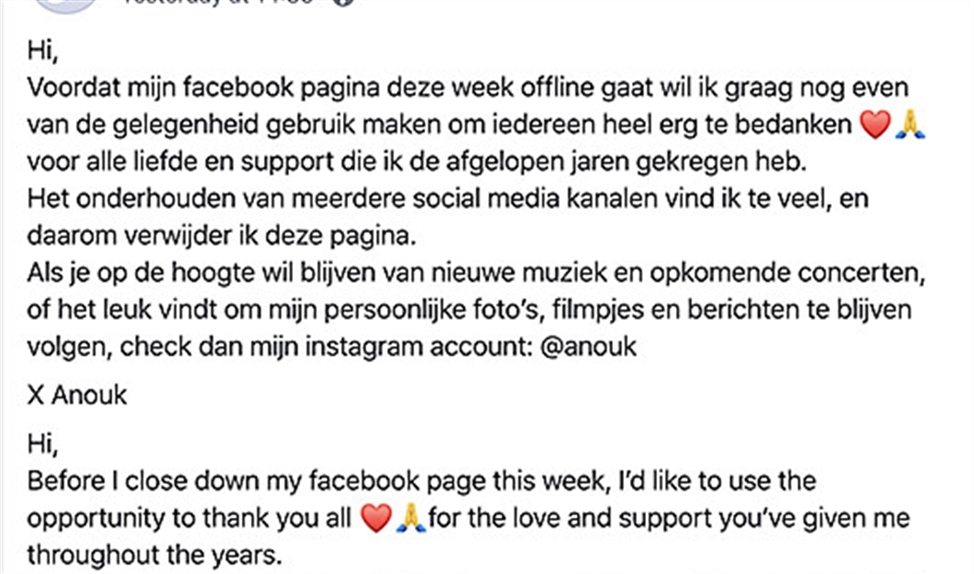 Viral: Anouk stopt met Facebook (facebook)