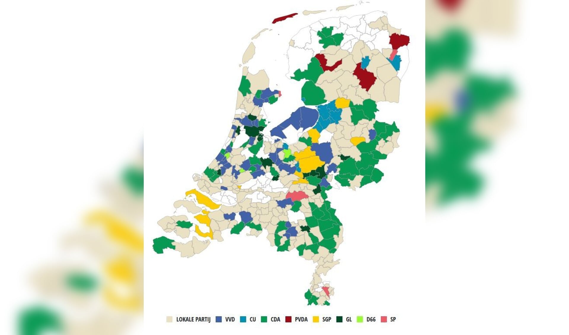 Deze kaart van Nederland laat de zien welke partij per gemeente het grootst is geworden.