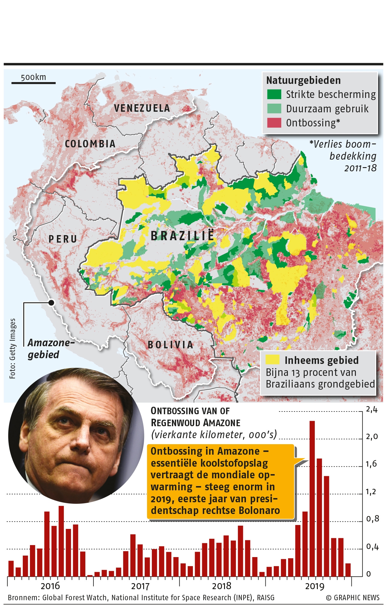 February 10, 2020, Brazil’s President Jair Bolsonaro is proposing a controversial bill to allow commercial mining on protected indigenous lands, a move that environmentalists say can only speed up deforestation. Graphic shows map of indigenous lands and protected areas in the Amazon, as well as deforestation between 2016 and 2019.