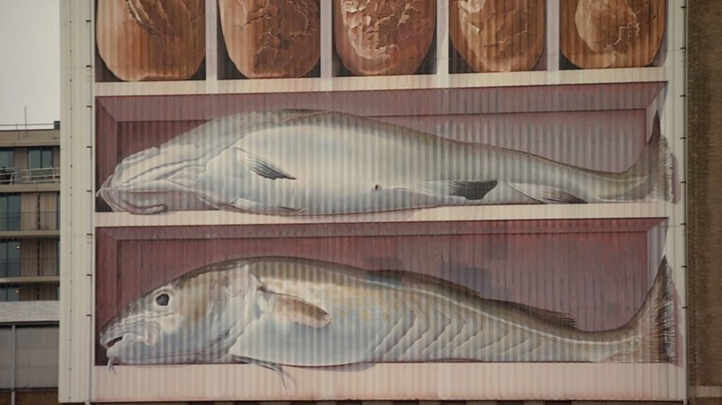 Het kunstwerk op de graansilo is een blikvanger in Breskens. Het verhuist nu naar Terneuzen. (beeld omroep zeeland)