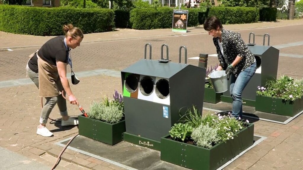 Jolanda Spies uit Dreumel nam het initiatief voor 'containertuintjes', die zwerfafval rond de containers moeten tegengaan. (beeld omroep gelderland)