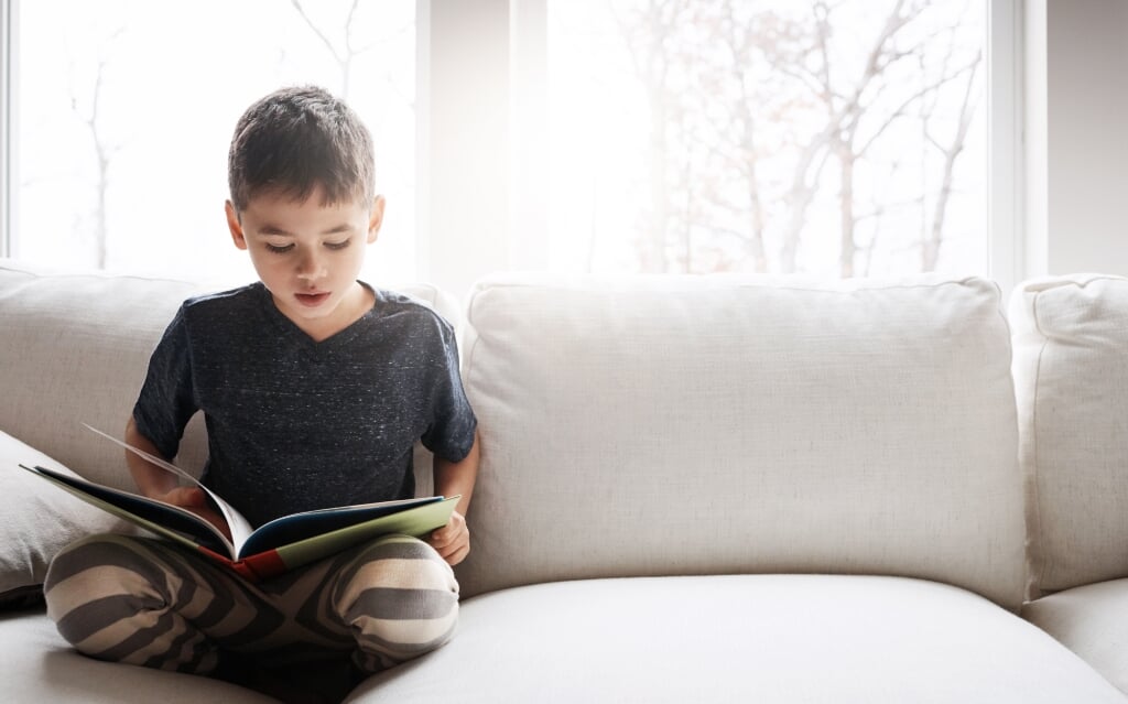 Shot of an adorable little boy reading a book while relaxing on the sofa at home (beeld Getty Images)