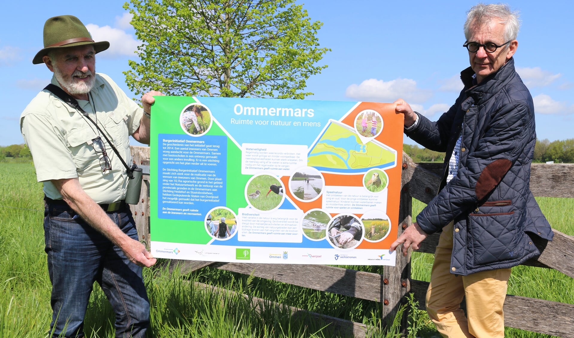 Arend Spijker (links) en Gerrit-Jan Bolks presenteren het informatiebord bij de Ommermars.