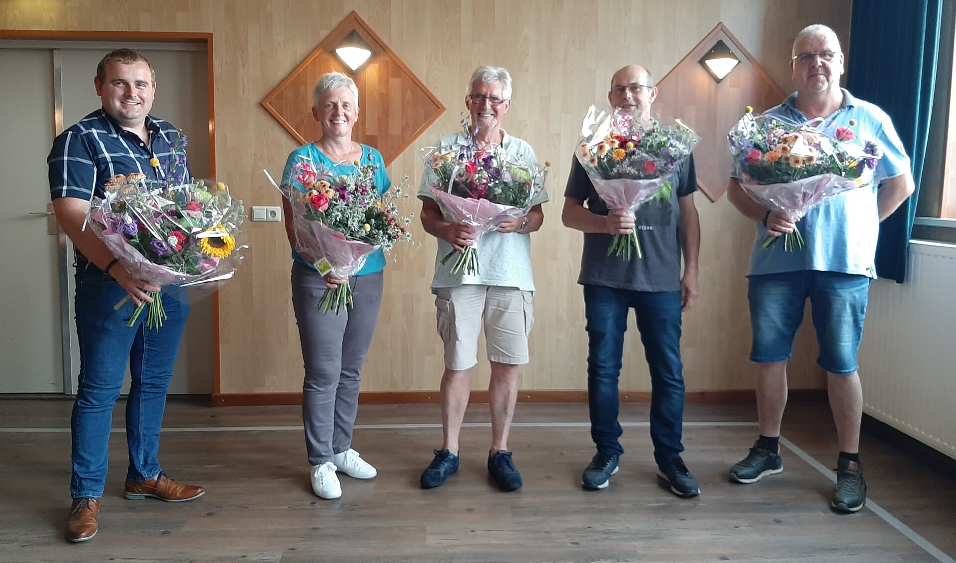 Jubilarissen van links naar rechts: Eelco, Truus, Gerrit Jan, Gerrit D, Gerrit R