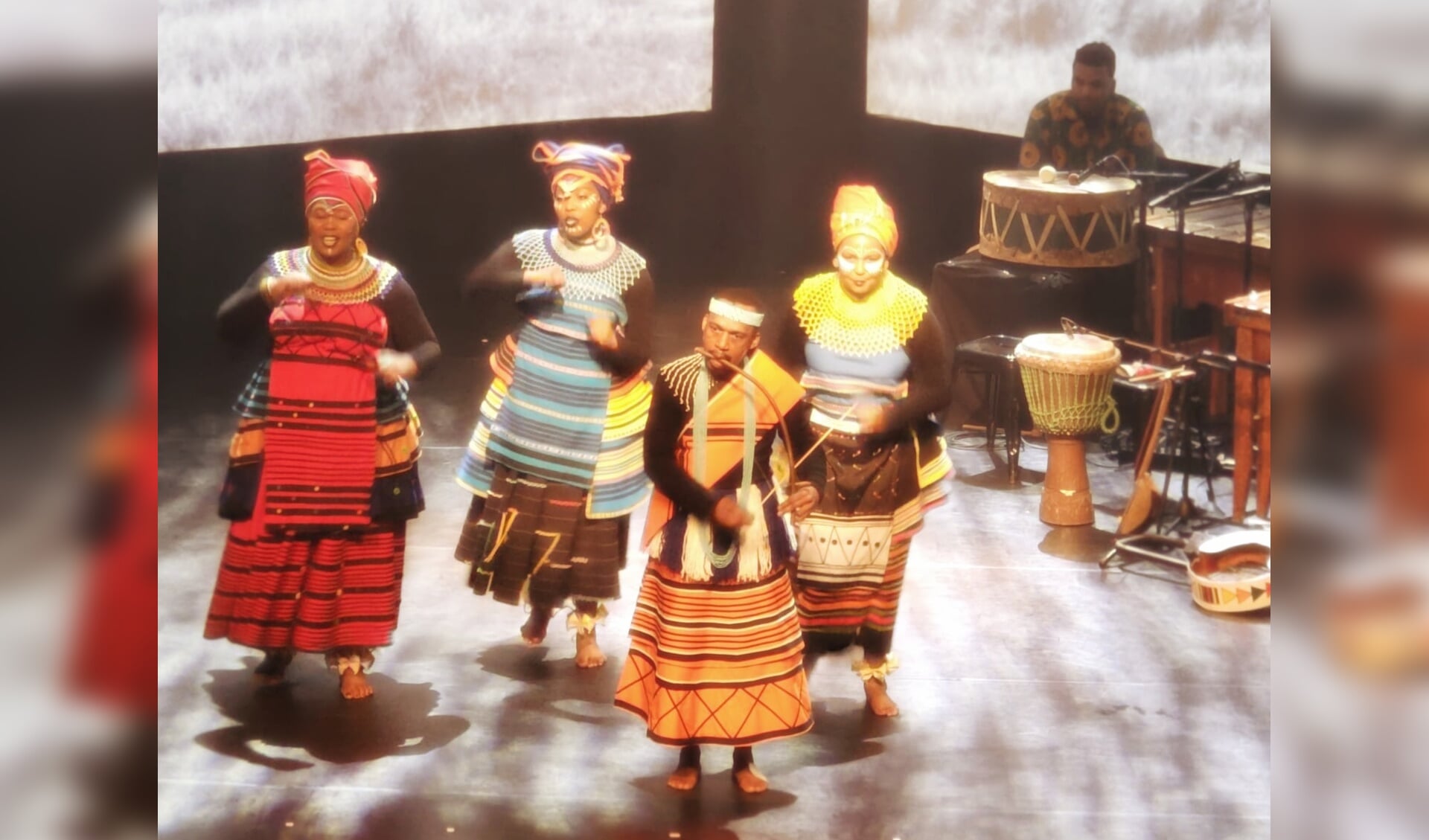 Inheemse Afrikaanse muziekinstrumenten, danseressen en zang.