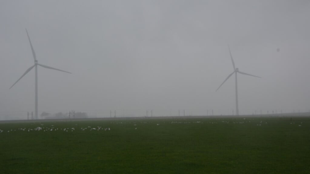 Windmolens in een mistig landschap in Oldebroek.