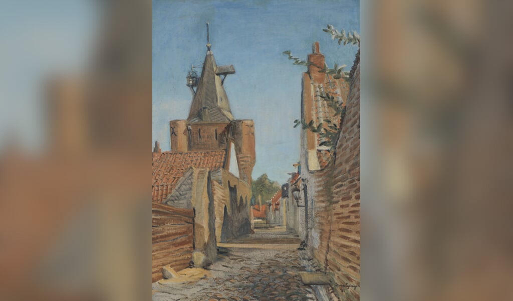 Straatje Elburg met Vischpoort, 1935, door Ima van Eysinga (1881-1938). Olieverf op paneel, 50 x 70 cm.