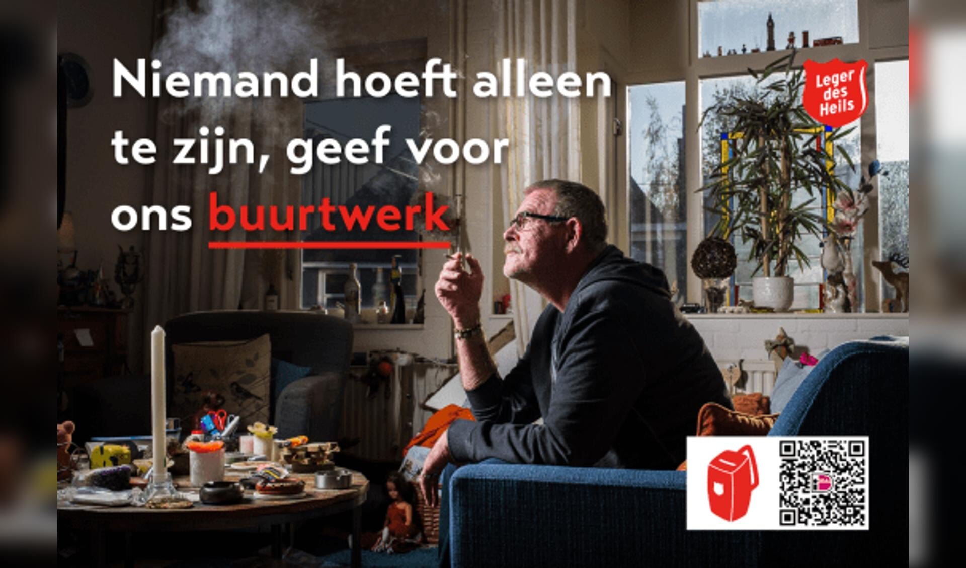 Gerard, een van de vele mensen die veel baat heeft bij het buurtwerk van het Leger. Met het scannen van de QR-code kan men gemakkelijk aan de collecte van het Leger des Heils doneren. Door dit te doen, helpt men het Leger des Heils om dichtbij te blijven bij mensen als Gerard. Omdat niemand alleen hoeft te zijn.