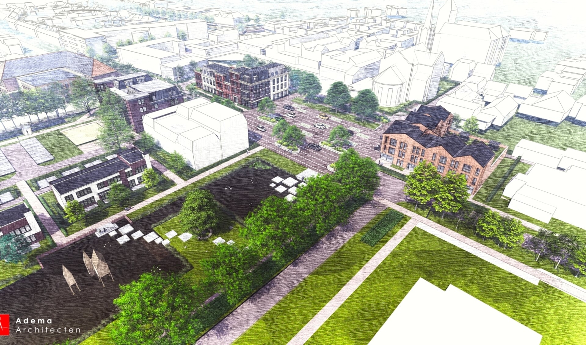 Een impressie van het nieuwe centrum: zicht vanaf de Vrije Gang op de Vlijt en het nieuwe dorpsplein.