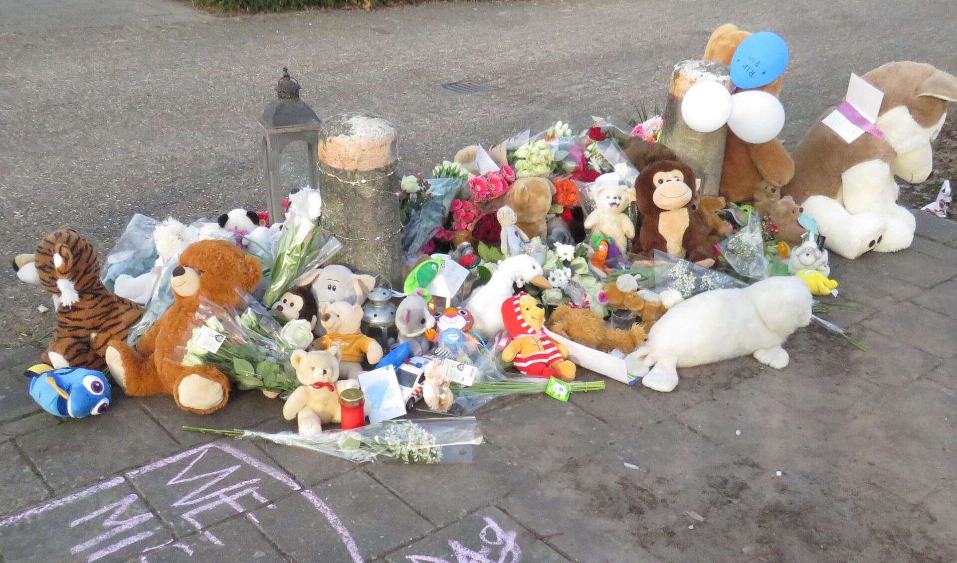 Een grote bloemenzee met knuffels, kaarten en kaarsen op de plek waar het jongetje woensdag overleed.