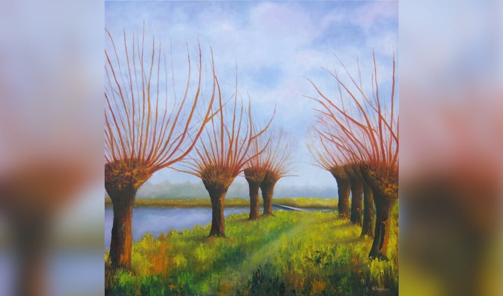 'Knotwilgen in de polder' van Wim Komduur. Het is een van de schilderijen die te zien zijn.