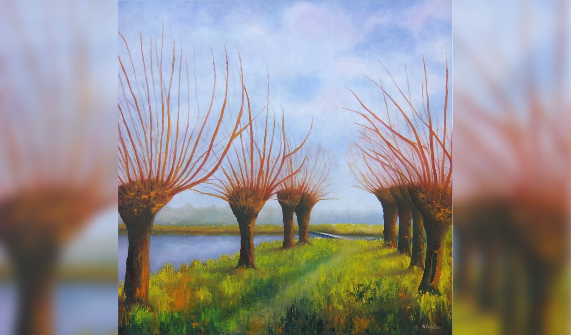 'Knotwilgen in de polder' van Wim Komduur. Het is een van de schilderijen die te zien zijn.