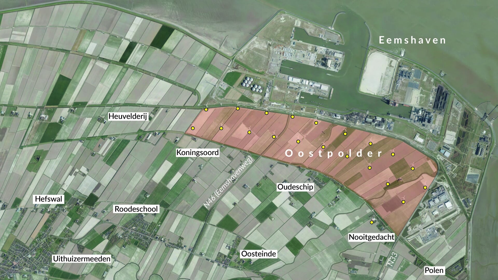 De Oostpolder nabij de Eemshaven. Het besluit over de ontwikkeling tot bedrijventerrein is uitgesteld. 