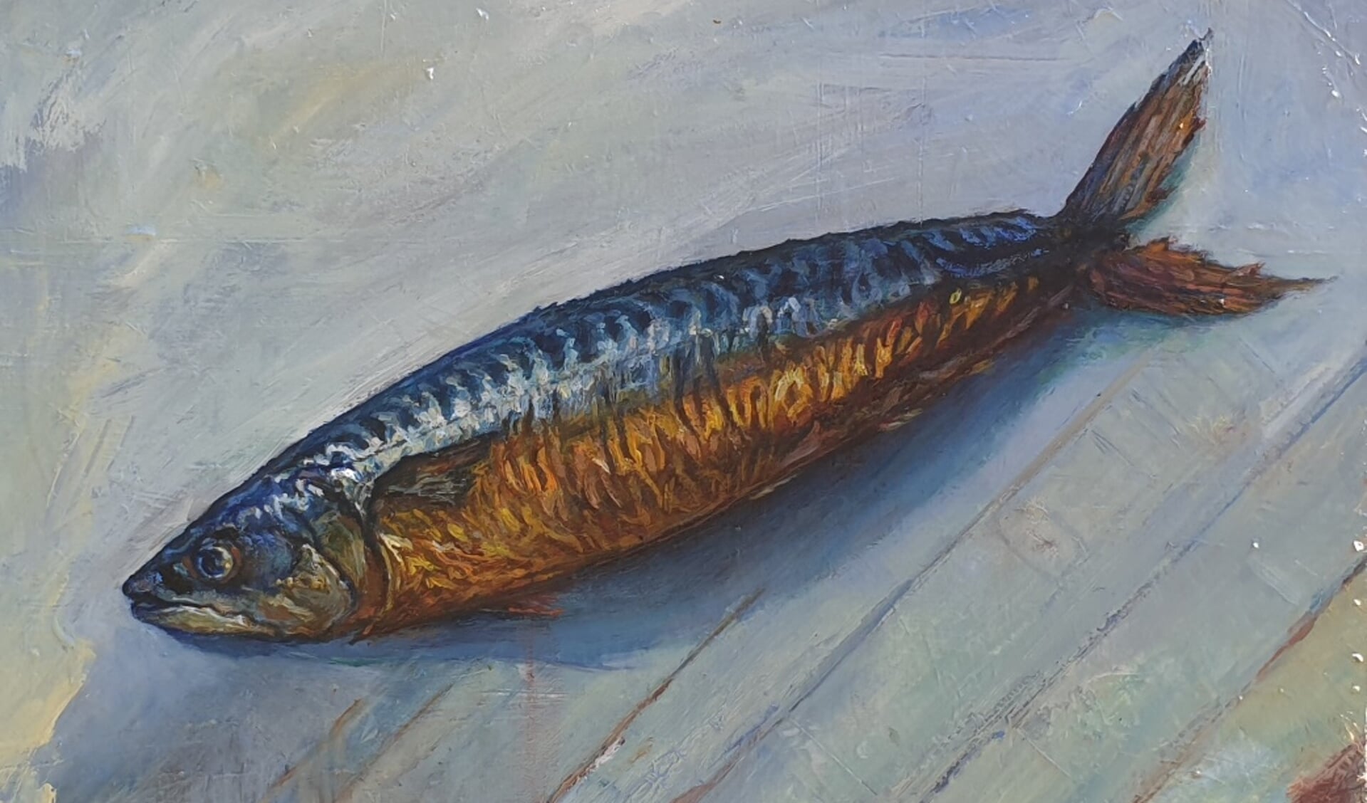 Een van de werken van Nicole van der Veen-Kerssies: ‘Makreel’. Olieverf op paneel 24 x 30 centimeter (eigen foto).