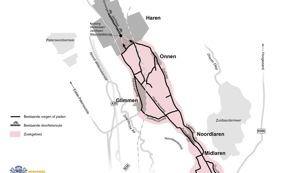Het gebied waarbinnen de nieuwe doorfietsroute vermoedelijk komt te liggen. (afbeelding Provincie Groningen)