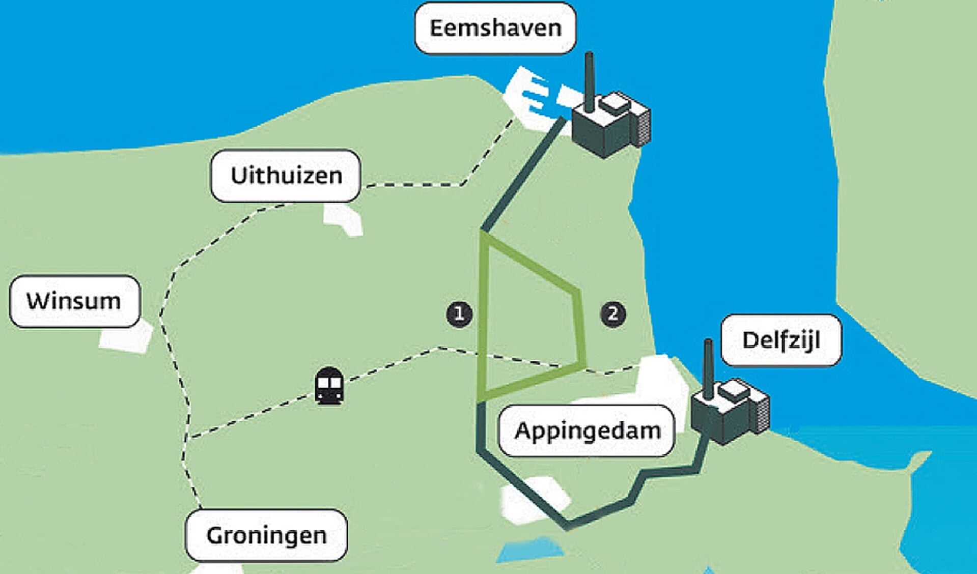 De nieuwe waterstofleiding tussen de Eemshaven en Delfzijl. Er zijn twee mogelijke tracés. 