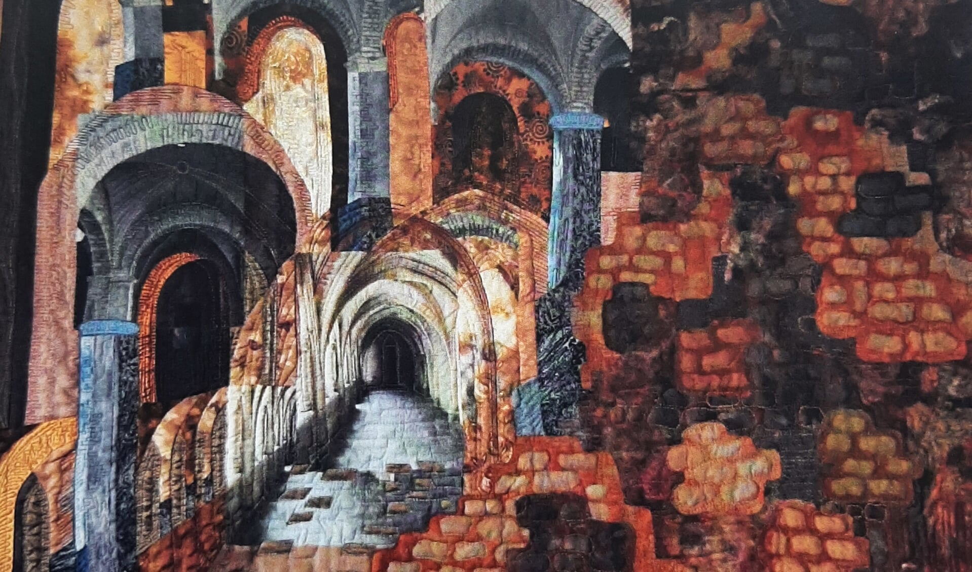 Eén van de quilts uit de expositie ‘De reis van Emo’ van Marjan Ruitenberg, die de komende weken te zien is in de Nicolaaskerk in Oldenzijl.