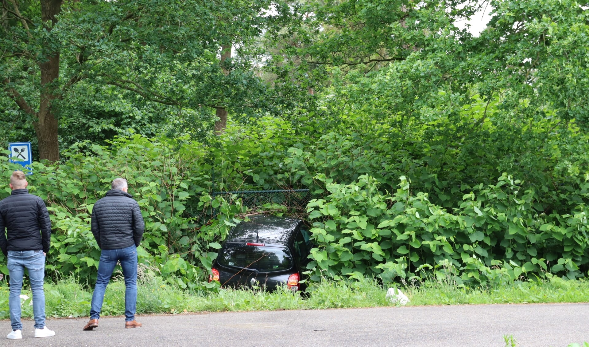 De auto schoot door onbekende oorzaak rechtdoor en belandde naast de weg. (foto: Persbureau Drenthe)
