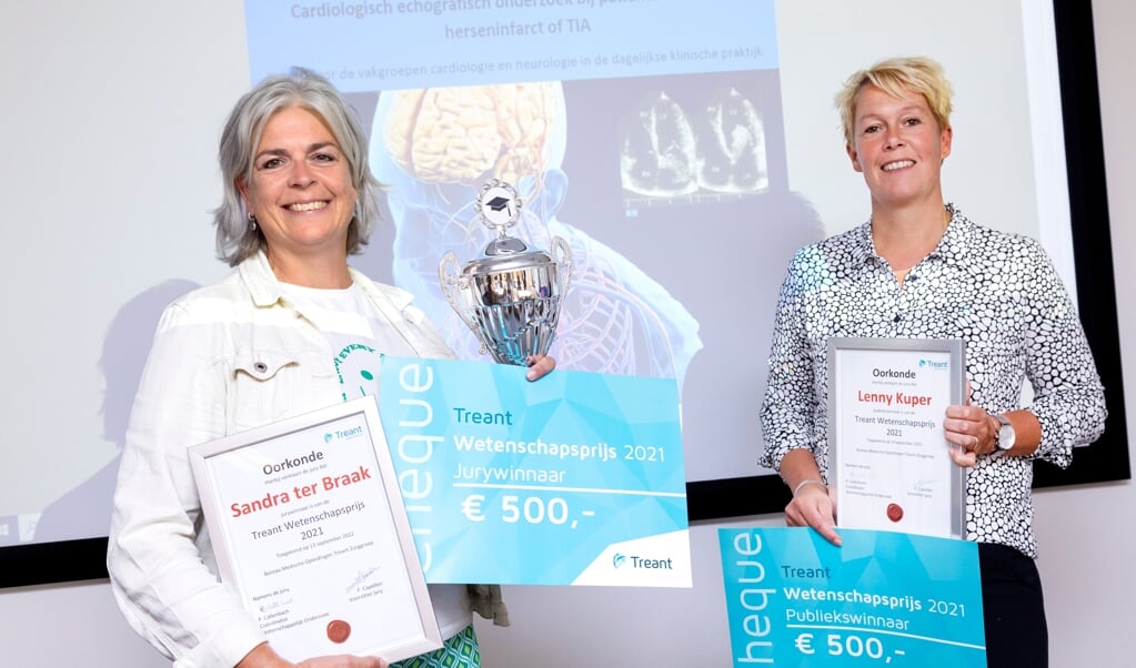 Sandra ter Braak (links) en Lenny Kuper zijn blij met de prijs van Treant.